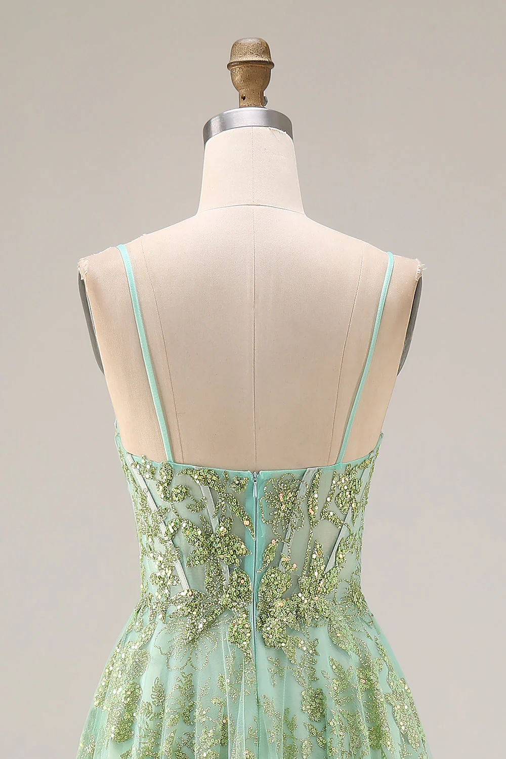 Corset de bal long long en tulle vert ligne A perlée avec des sequins - Image 5