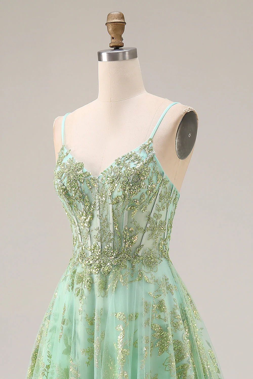 Corset de bal long long en tulle vert ligne A perlée avec des sequins - Image 6
