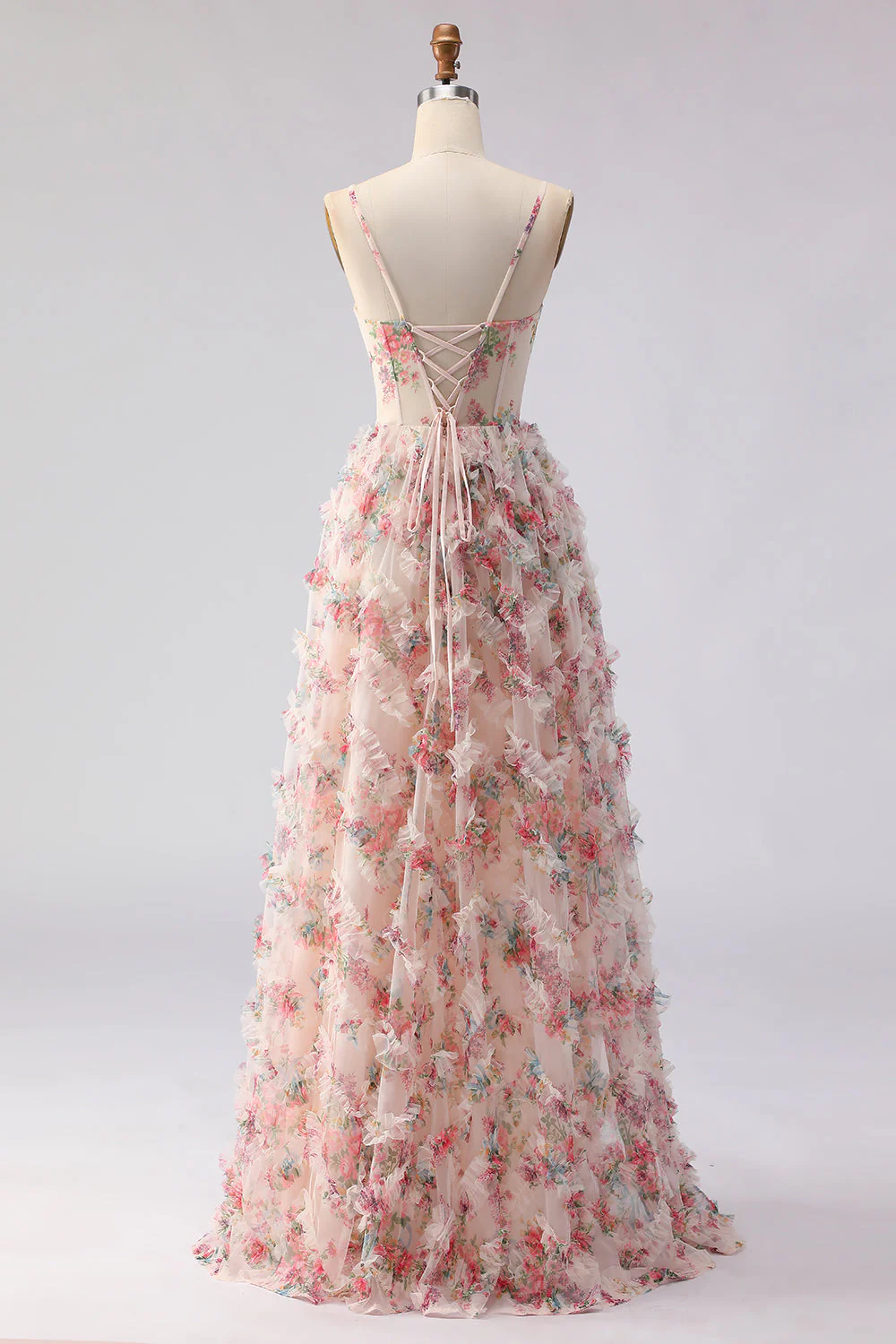 Corset de bal longue à motifs floraux rose clair avec volants - Image 2
