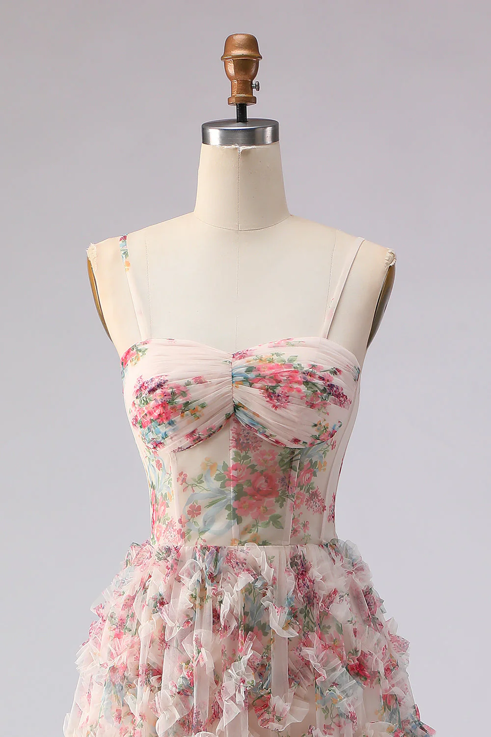 Corset de bal longue à motifs floraux rose clair avec volants - Image 4