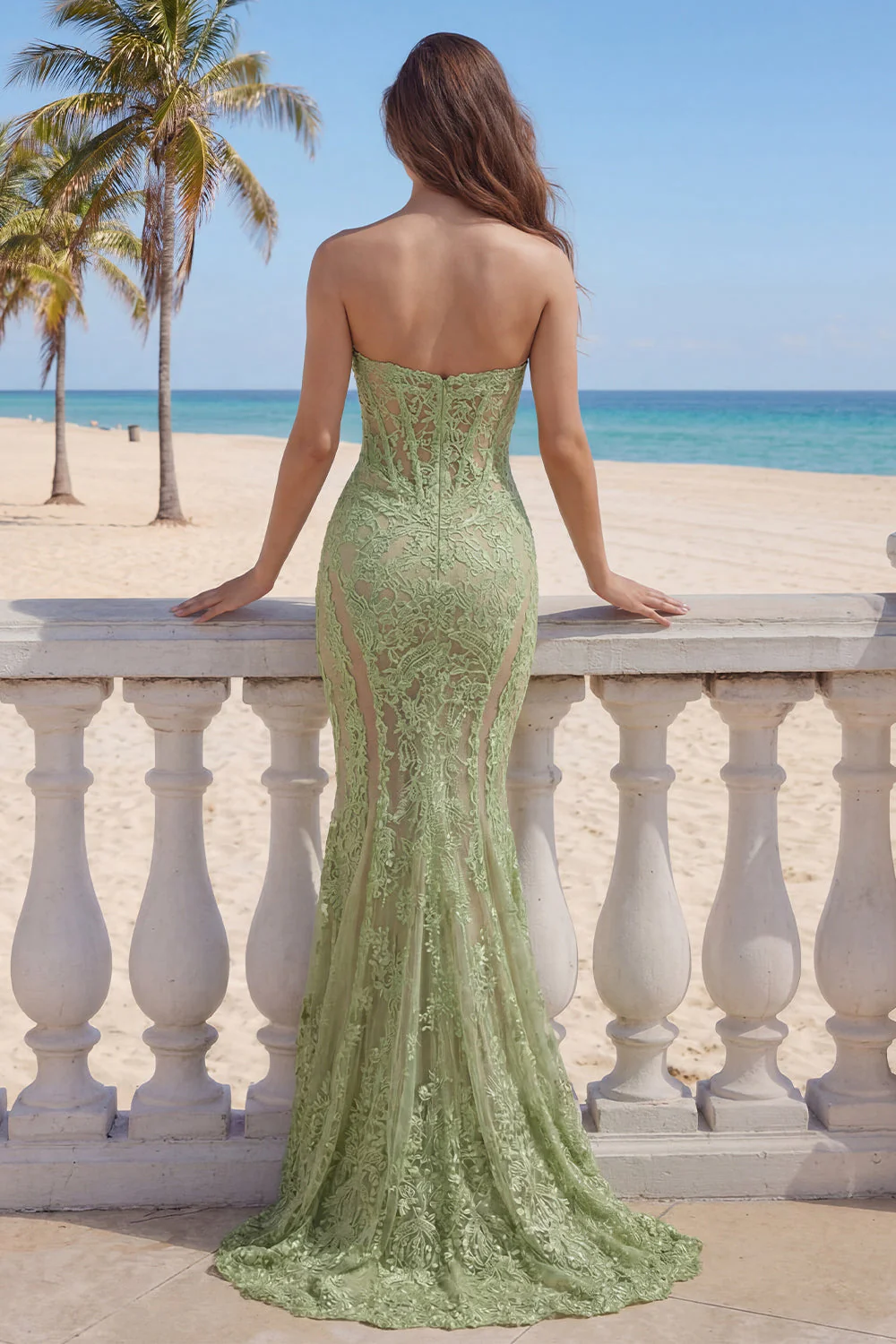 Corset de bal longue en dentelle sauge vert sirène Sweetheart - Image 2