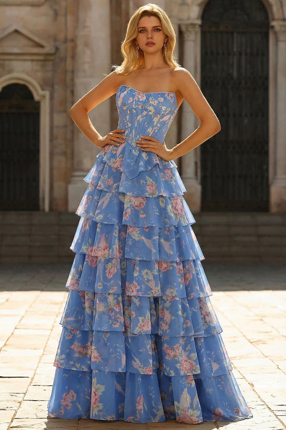 Corset de bal longue, longue robe florale à fleurs et boules sans bretelles A-Line