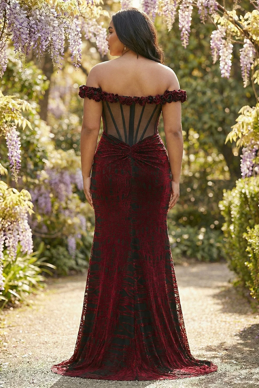 Corset de bal noir rouge sirène grande taille à épaules décalés, robe de bal longue avec fente - Image 2