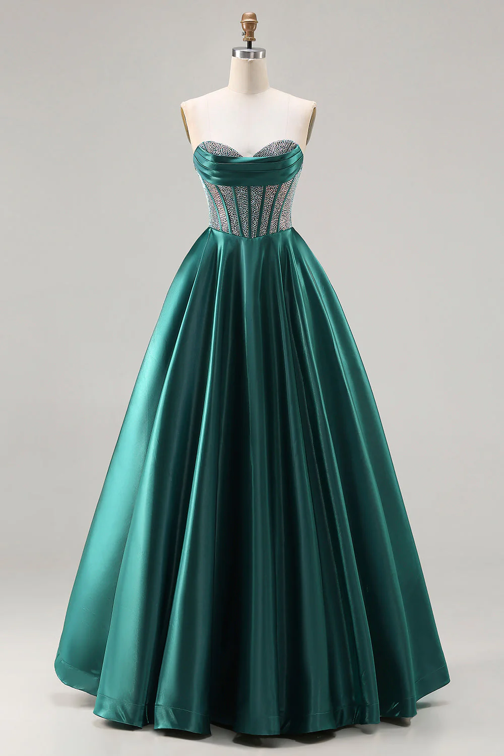 Robe de soirée longue bustier vert foncé à perles col cœur style princesse