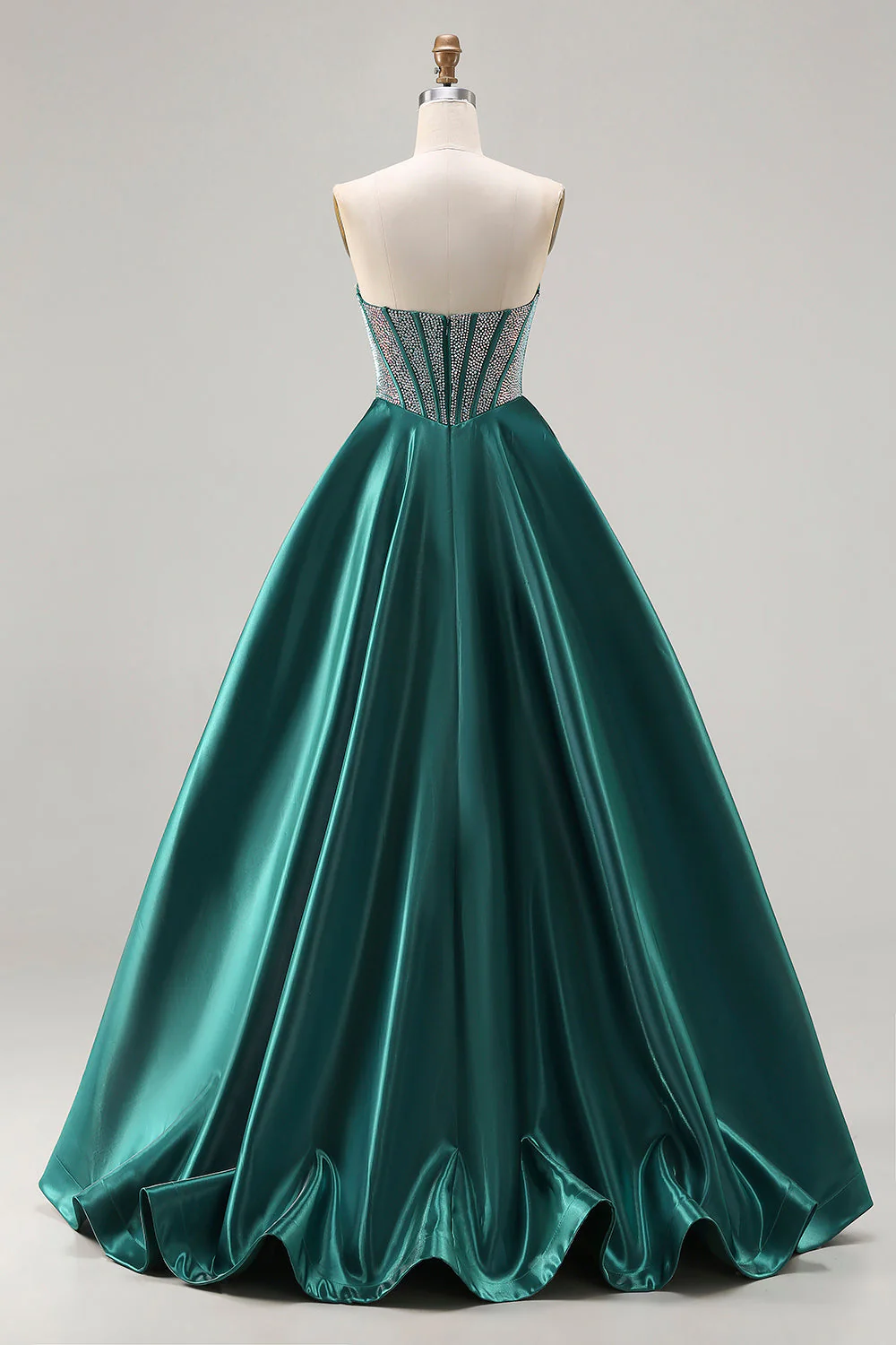 Robe de soirée longue bustier vert foncé à perles col cœur style princesse - Image 2