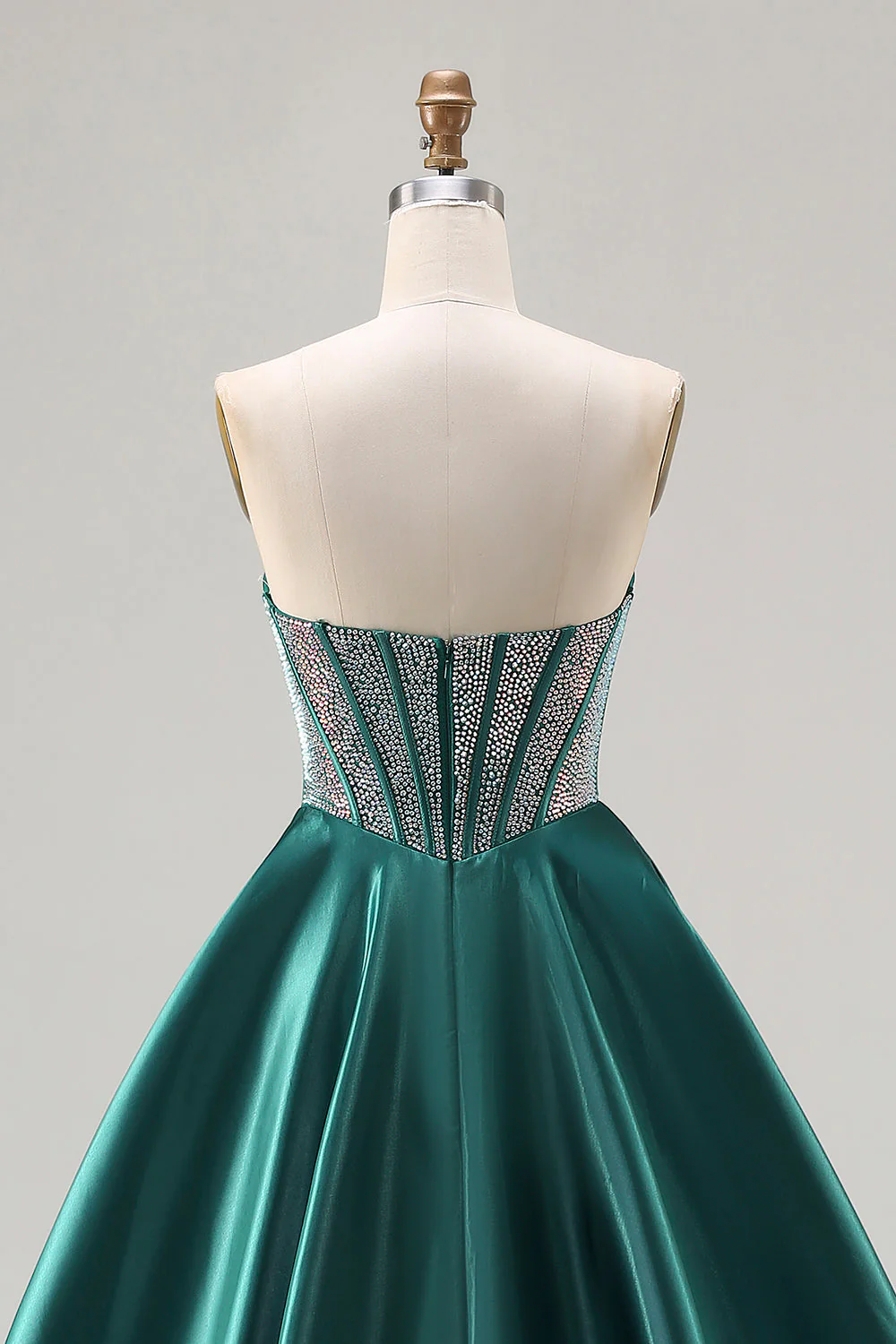 Robe de soirée longue bustier vert foncé à perles col cœur style princesse - Image 5