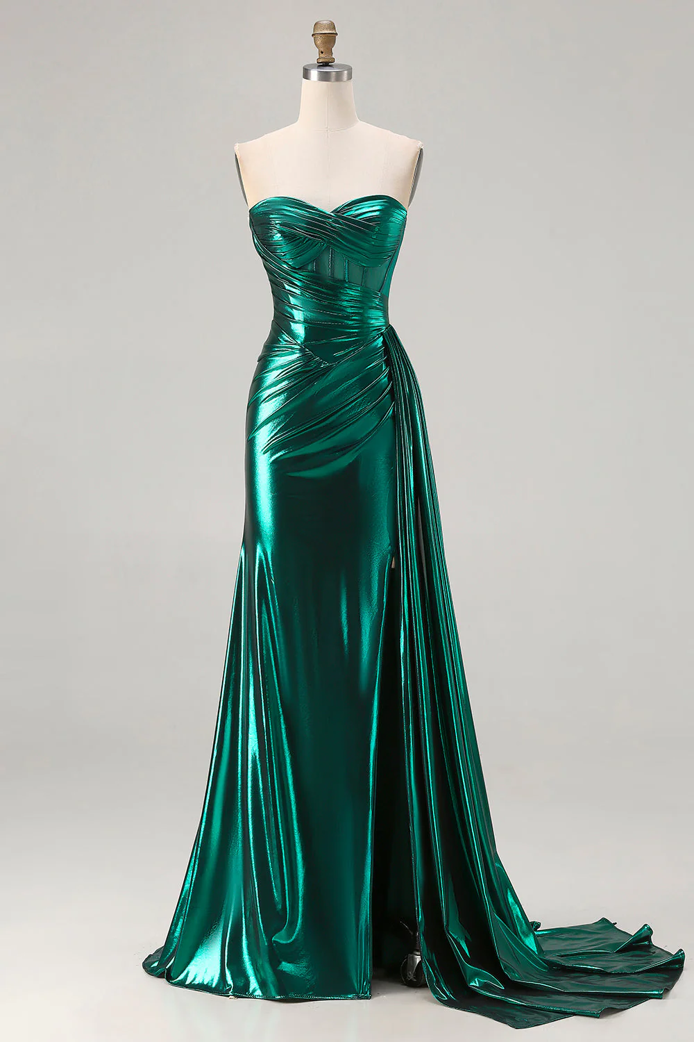 Corset de bal plissé sirène métallique vert foncé vert foncé avec longues robe de bal avec fente