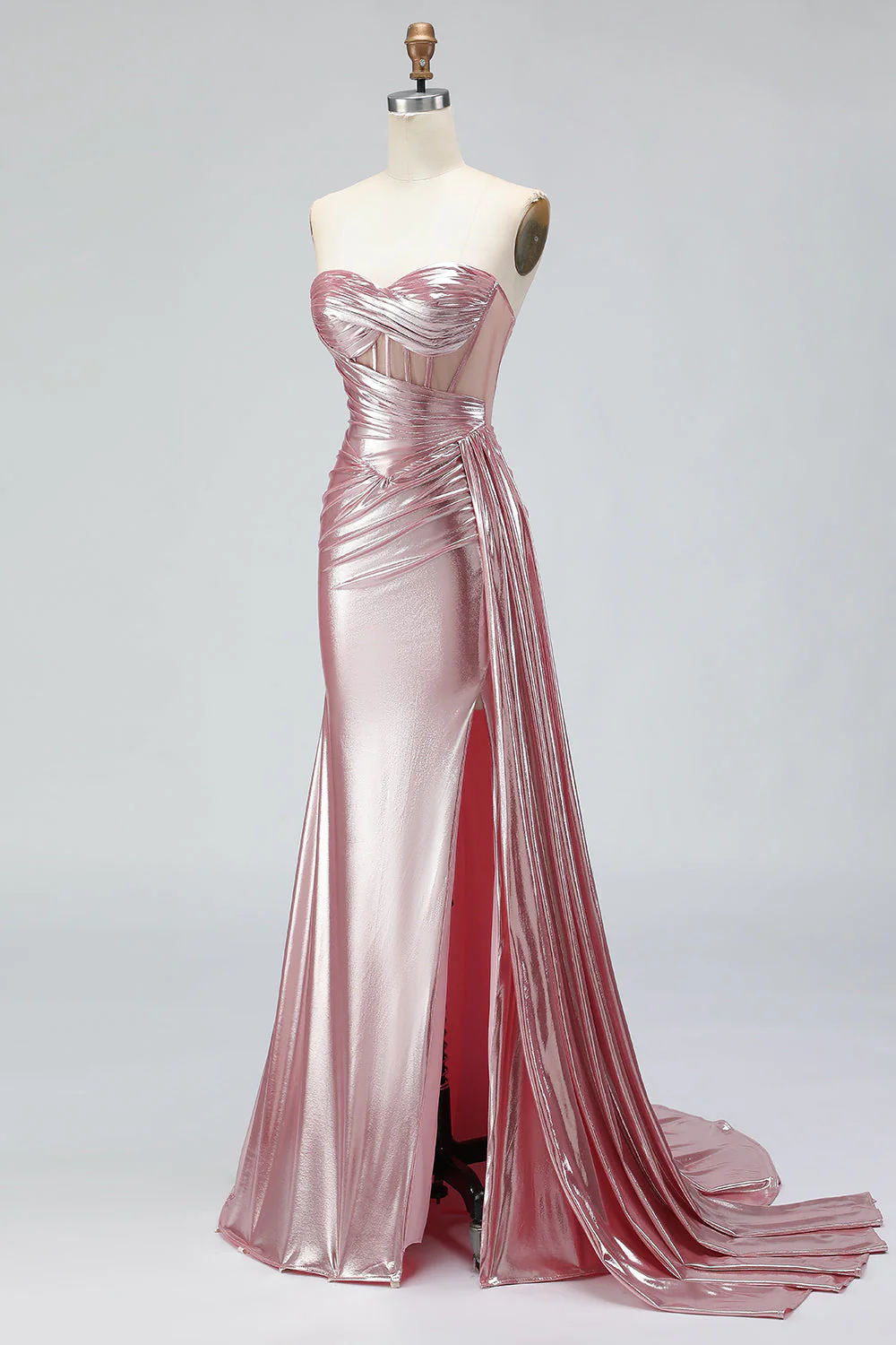 Corset de bal plissé sirène métallique vert foncé vert foncé avec longues robe de bal avec fente - Image 13
