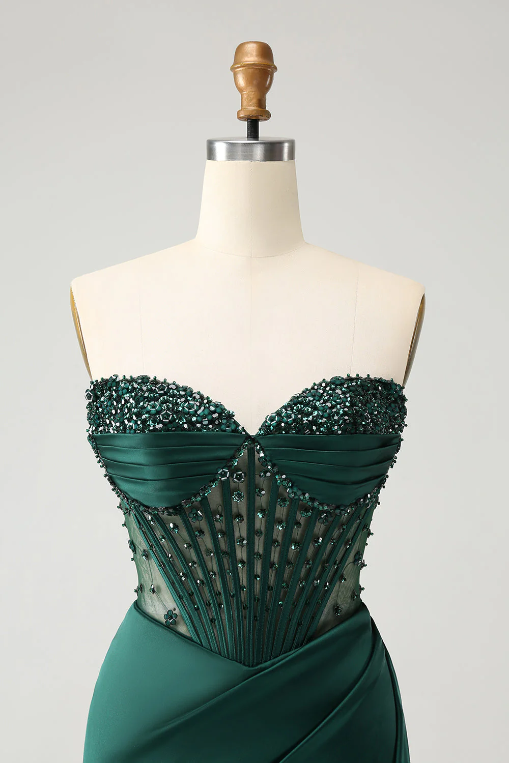 Corset de bal rose perlé en sirène bustier sans bustier avec fente - Image 10
