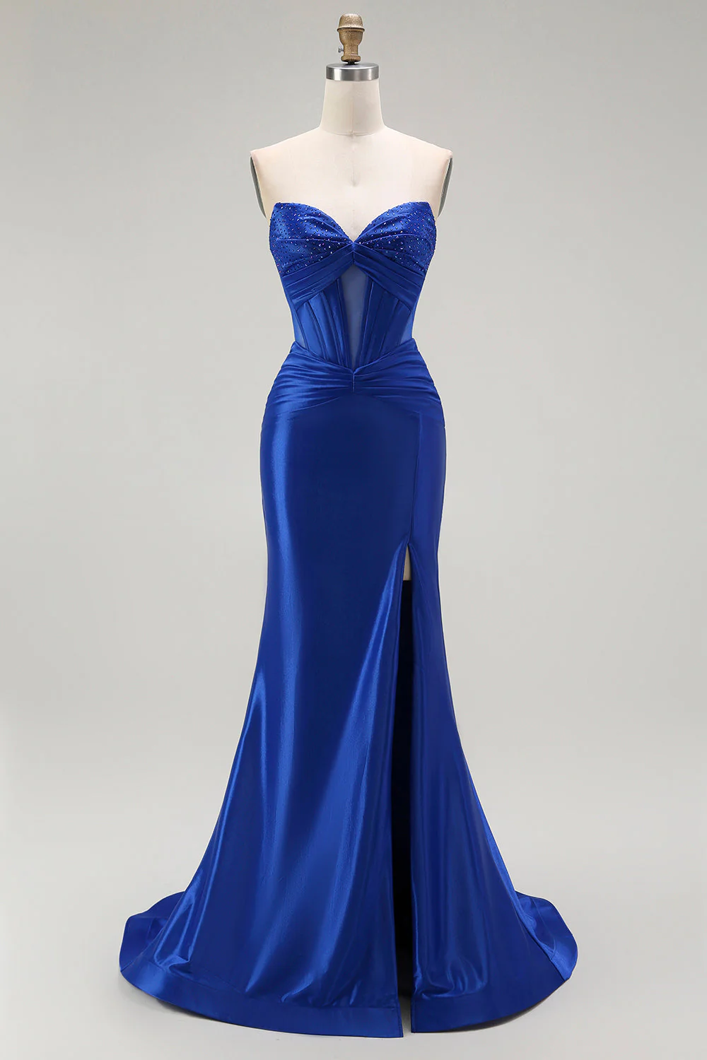 Corset de bal sans bretelles bleu bleu royal à perles et longue robe de bal avec fente - Image 3