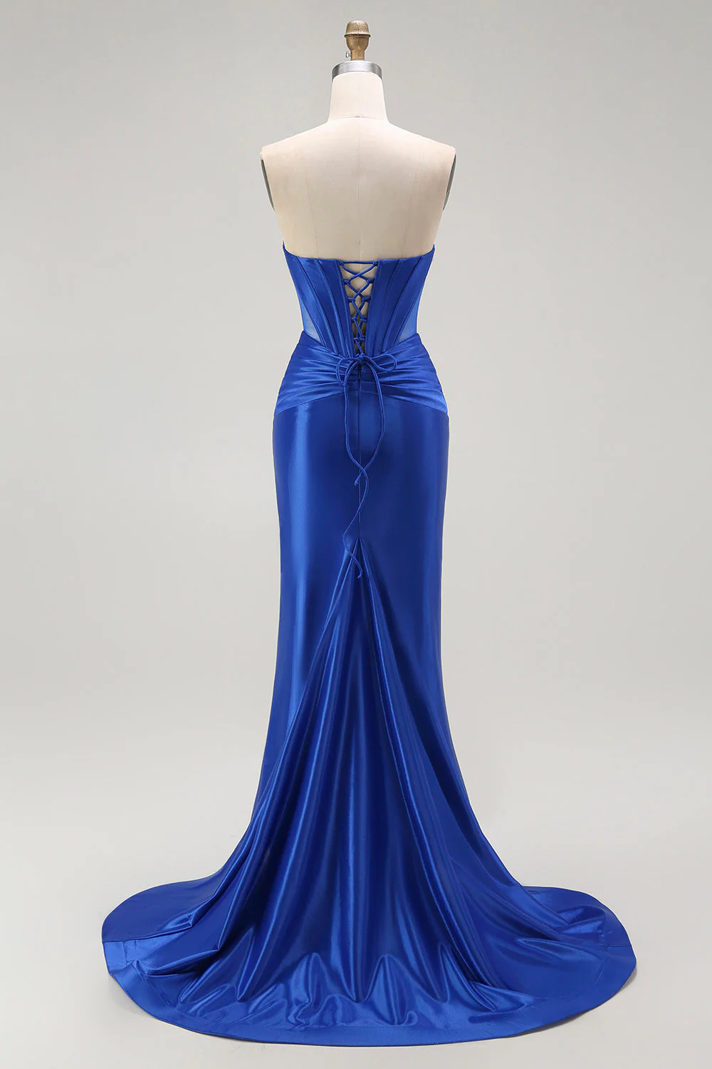 Corset de bal sans bretelles bleu bleu royal à perles et longue robe de bal avec fente - Image 4