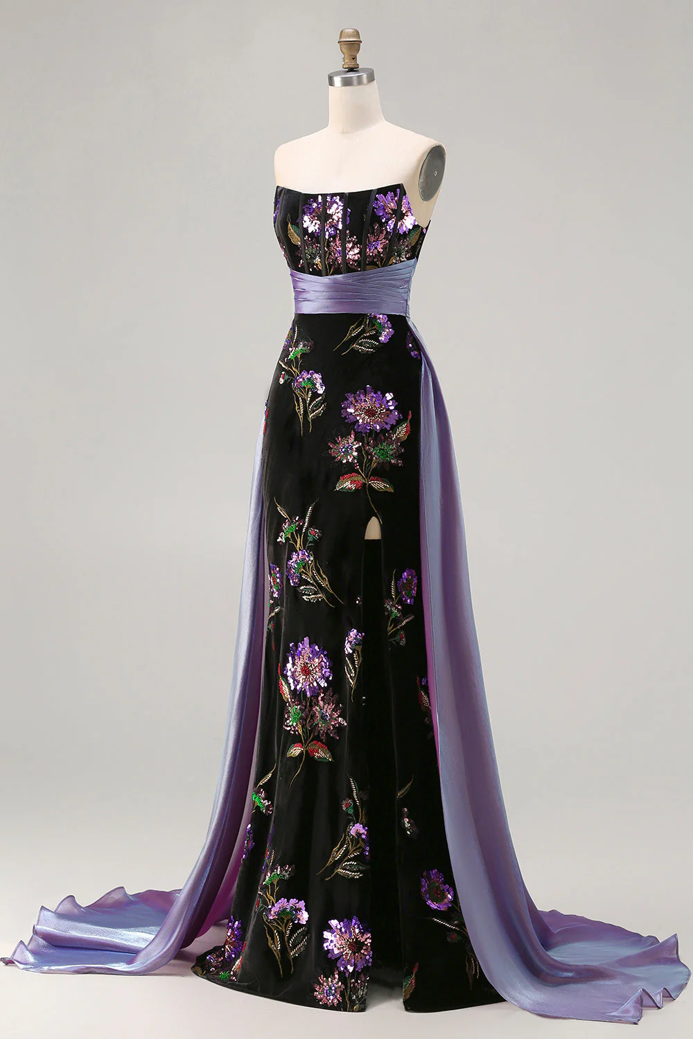 Robe de soirée bustier noire à fleurs et sequins avec corset et cape - Image 3