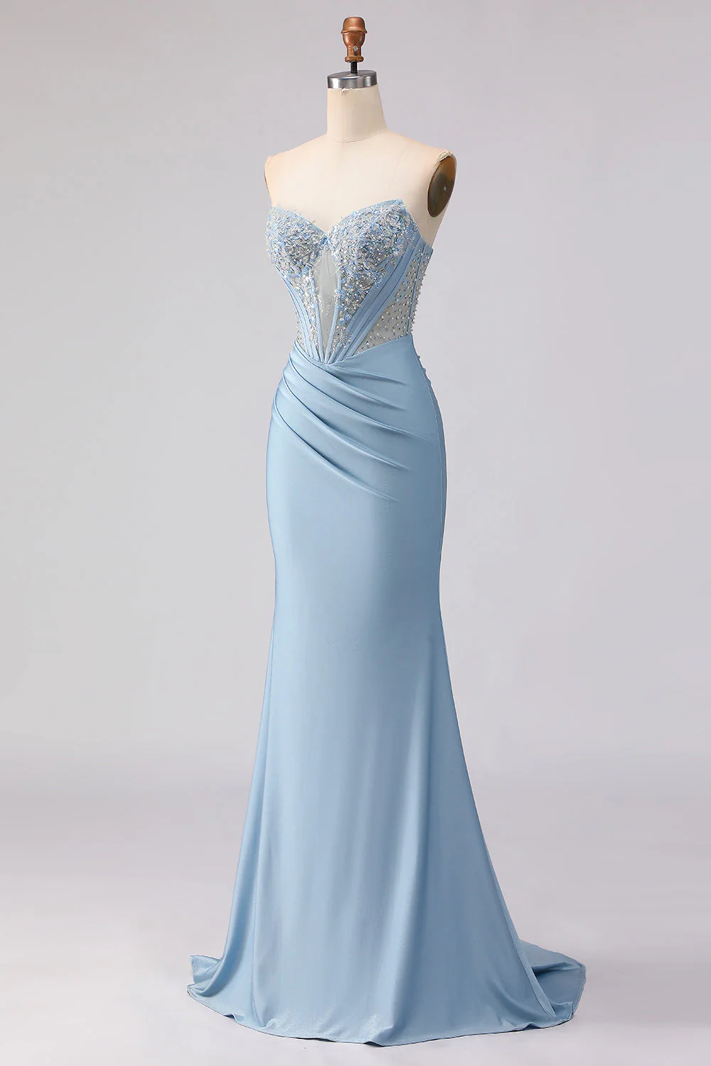 Corset de bal sirène sans anneaux bleu ciel perlé et robe de bal avec paillettes - Image 3