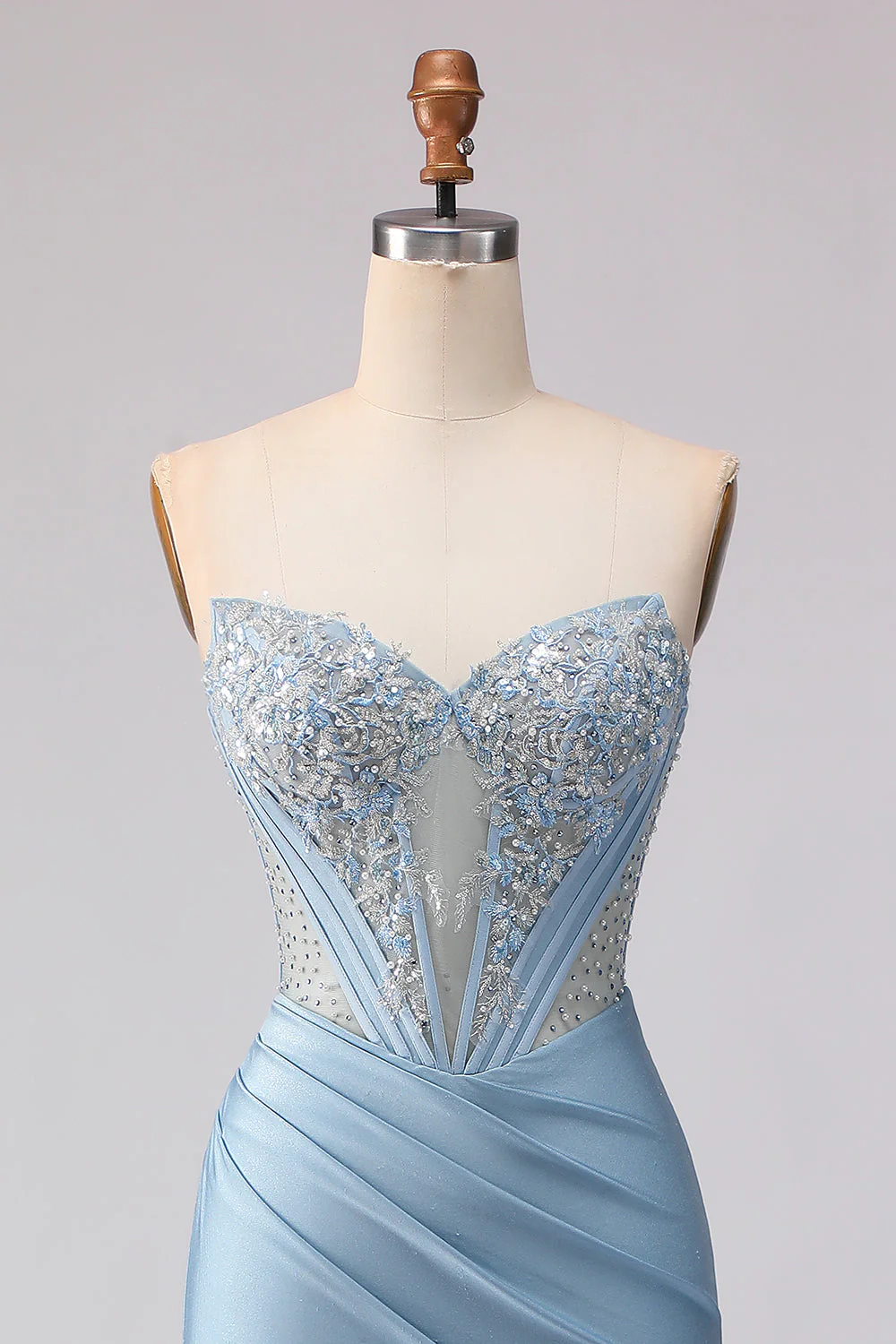 Corset de bal sirène sans anneaux bleu ciel perlé et robe de bal avec paillettes - Image 4