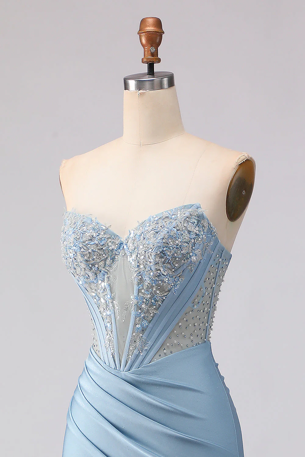 Corset de bal sirène sans anneaux bleu ciel perlé et robe de bal avec paillettes - Image 5