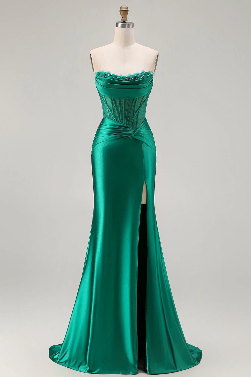 Robe de soirée longue vert foncé sans bretelles coupe sirène et fente
