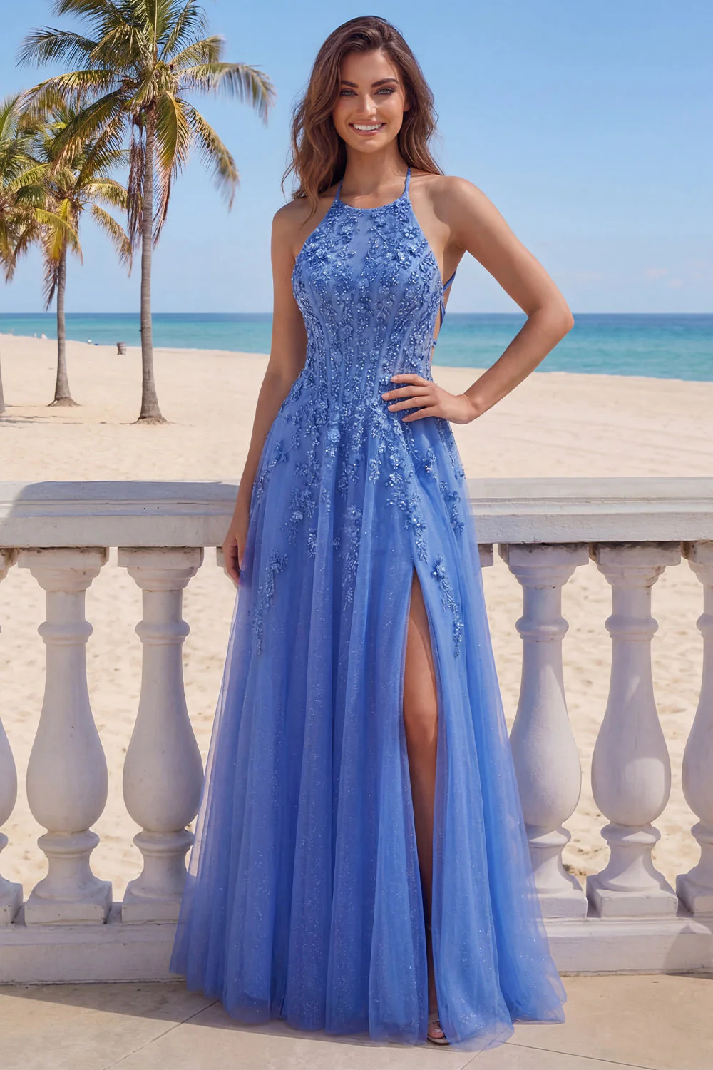Corset de fin d’année bleu foncé à col nu file, perles et applique, longue robe de bal avec fente