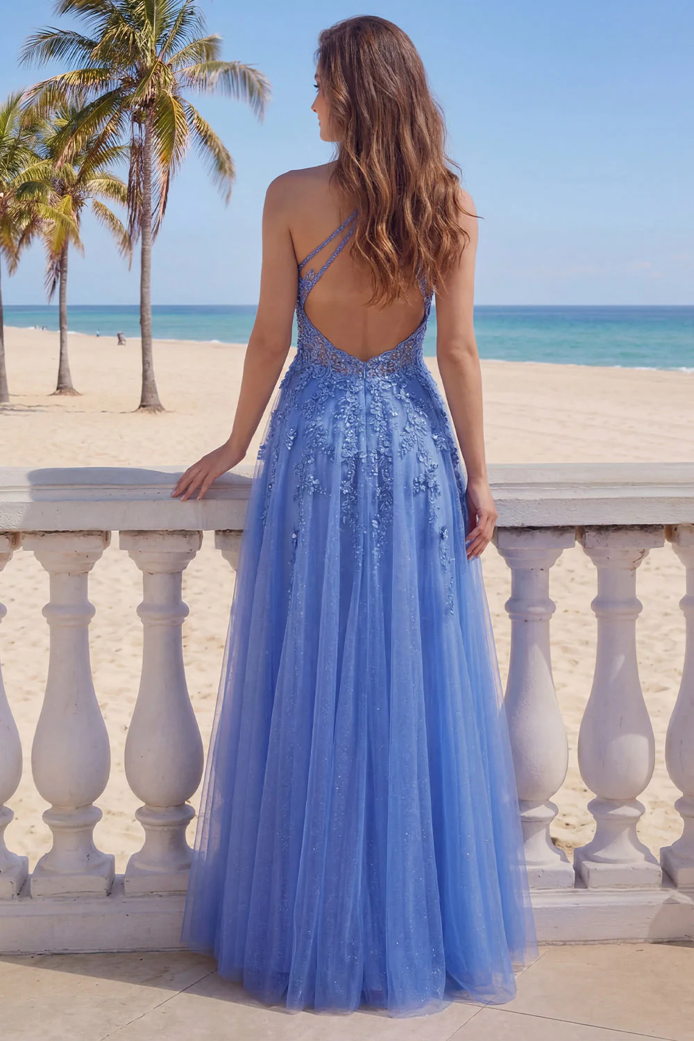 Corset de fin d’année bleu foncé à col nu file, perles et applique, longue robe de bal avec fente - Image 2