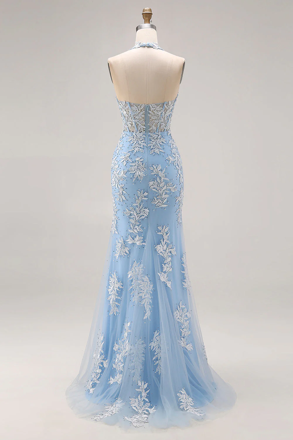 Corset de fin d’année en sirène perlée bleu ciel en appliqué longue robe de bal avec fente - Image 2
