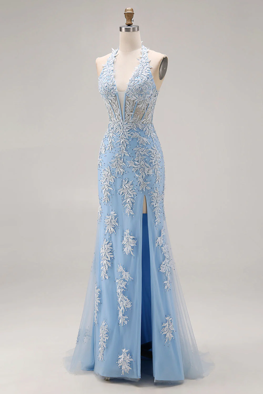 Corset de fin d’année en sirène perlée bleu ciel en appliqué longue robe de bal avec fente - Image 3