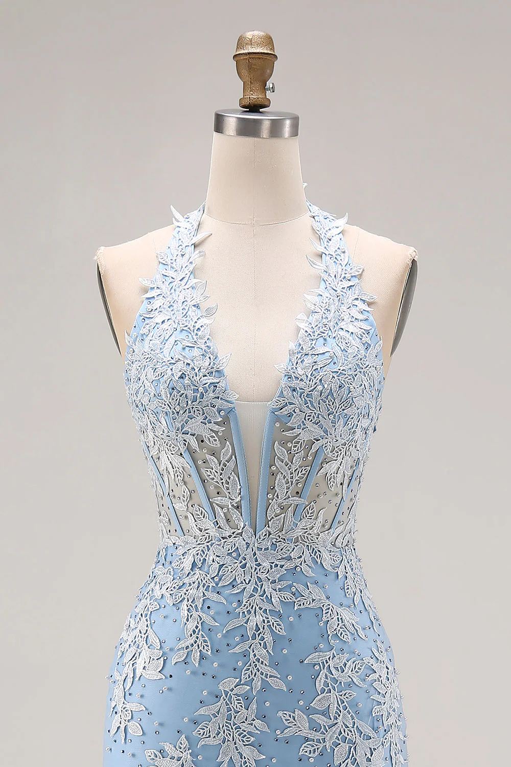 Corset de fin d’année en sirène perlée bleu ciel en appliqué longue robe de bal avec fente - Image 4