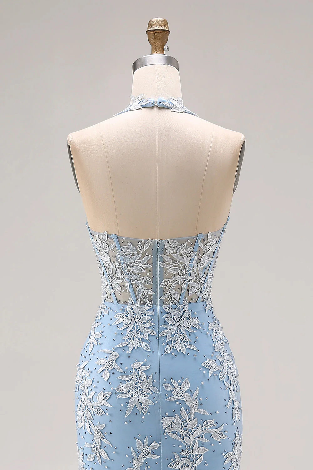 Corset de fin d’année en sirène perlée bleu ciel en appliqué longue robe de bal avec fente - Image 5