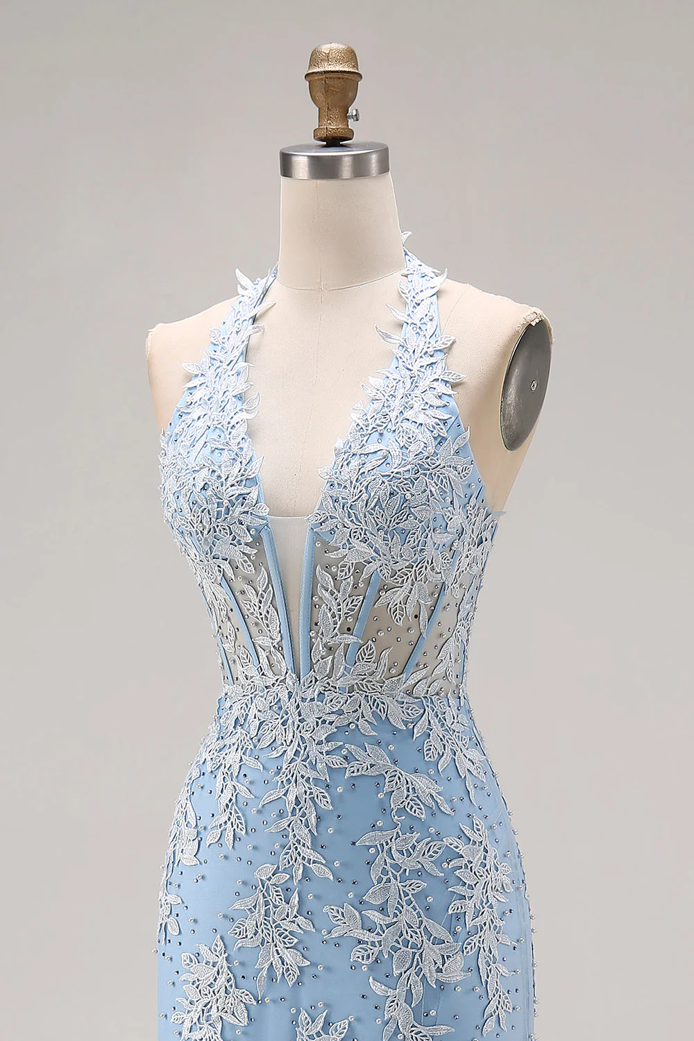 Corset de fin d’année en sirène perlée bleu ciel en appliqué longue robe de bal avec fente - Image 6