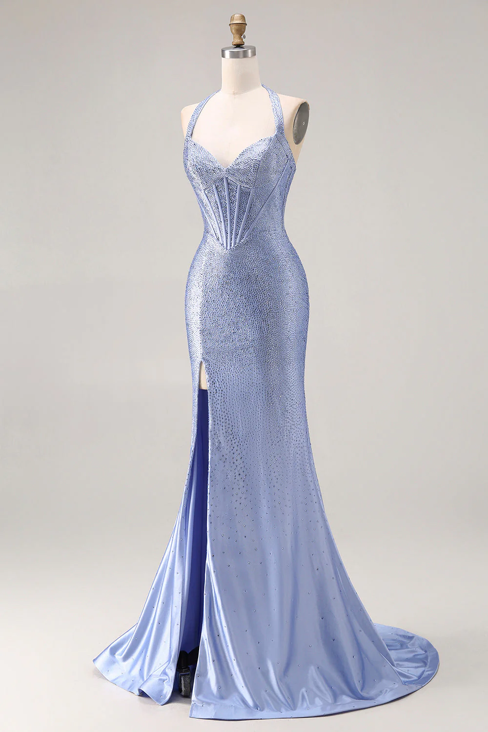 Corset de fin d’année long à perles en forme de sirène bleu clair avec une fente - Image 3
