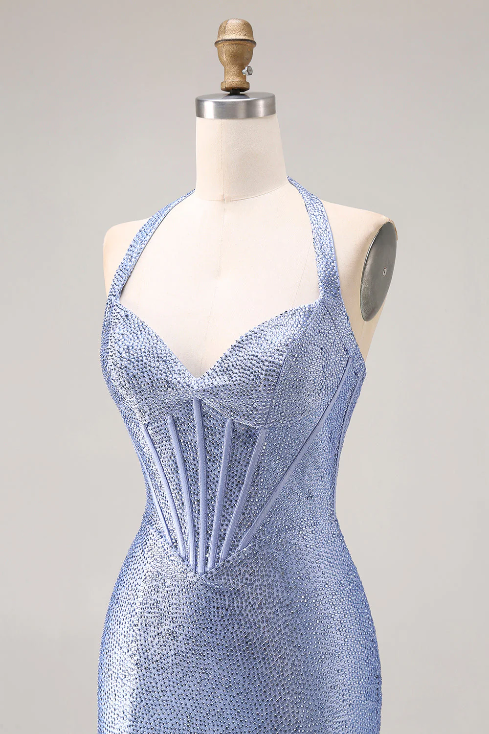 Corset de fin d’année long à perles en forme de sirène bleu clair avec une fente - Image 6