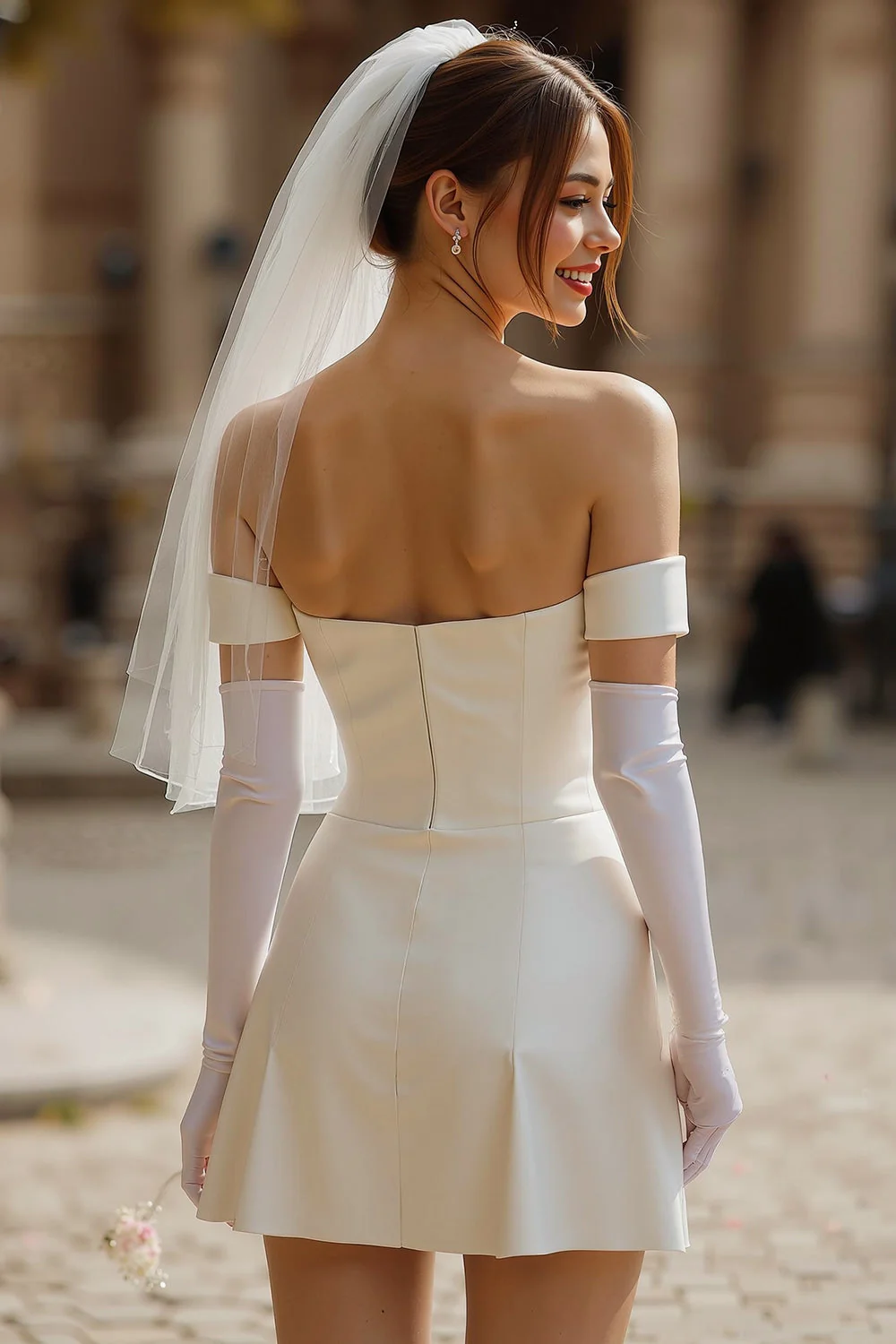 Corset de mariée court en satin ivoire sans bretelles sans gants - Image 2
