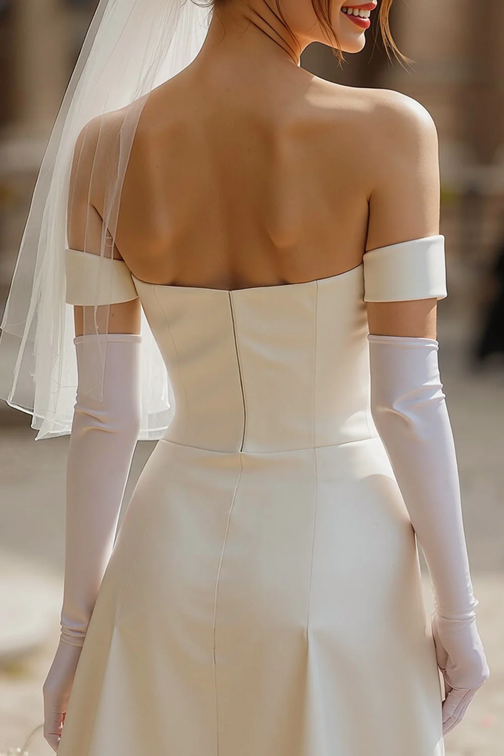 Corset de mariée court en satin ivoire sans bretelles sans gants - Image 4