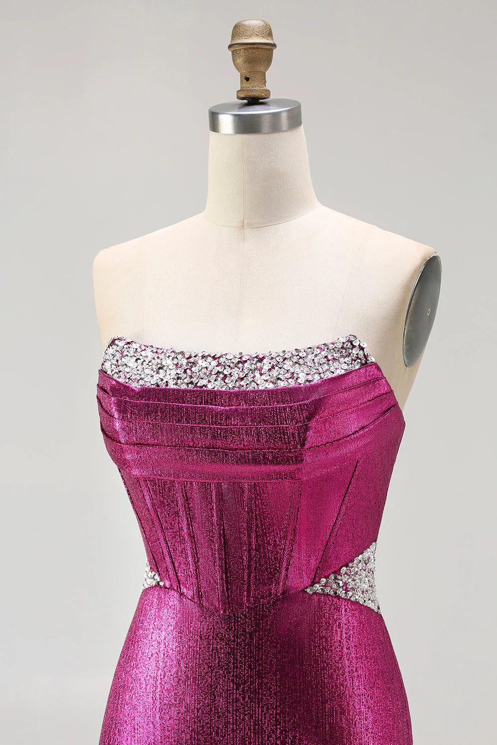 Corset de merée perlée en fuchsia métallique longue robe de bal bustière - Image 6