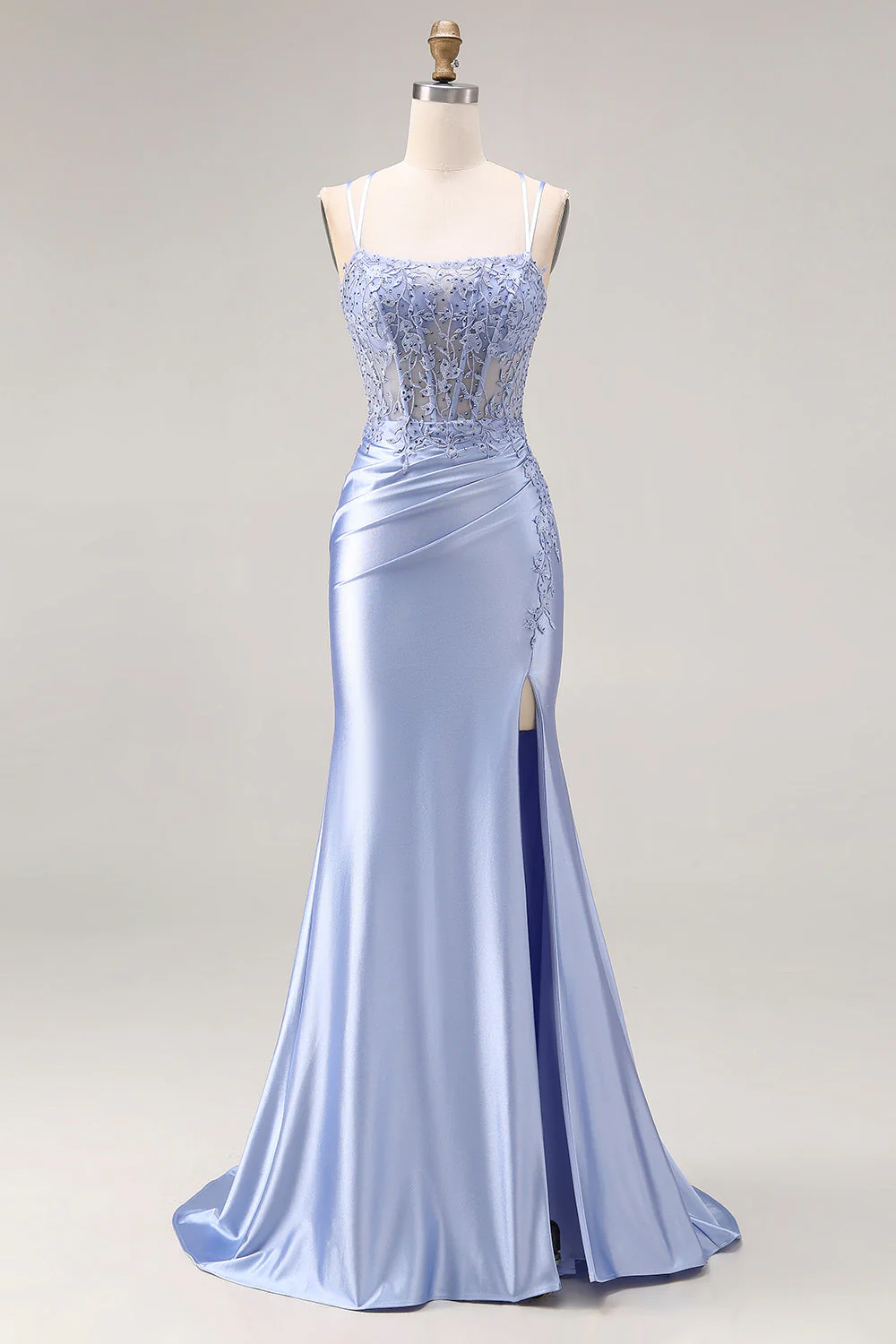Corset de satin perlé bleu poussiéreux avec longue robe de bal avec fente