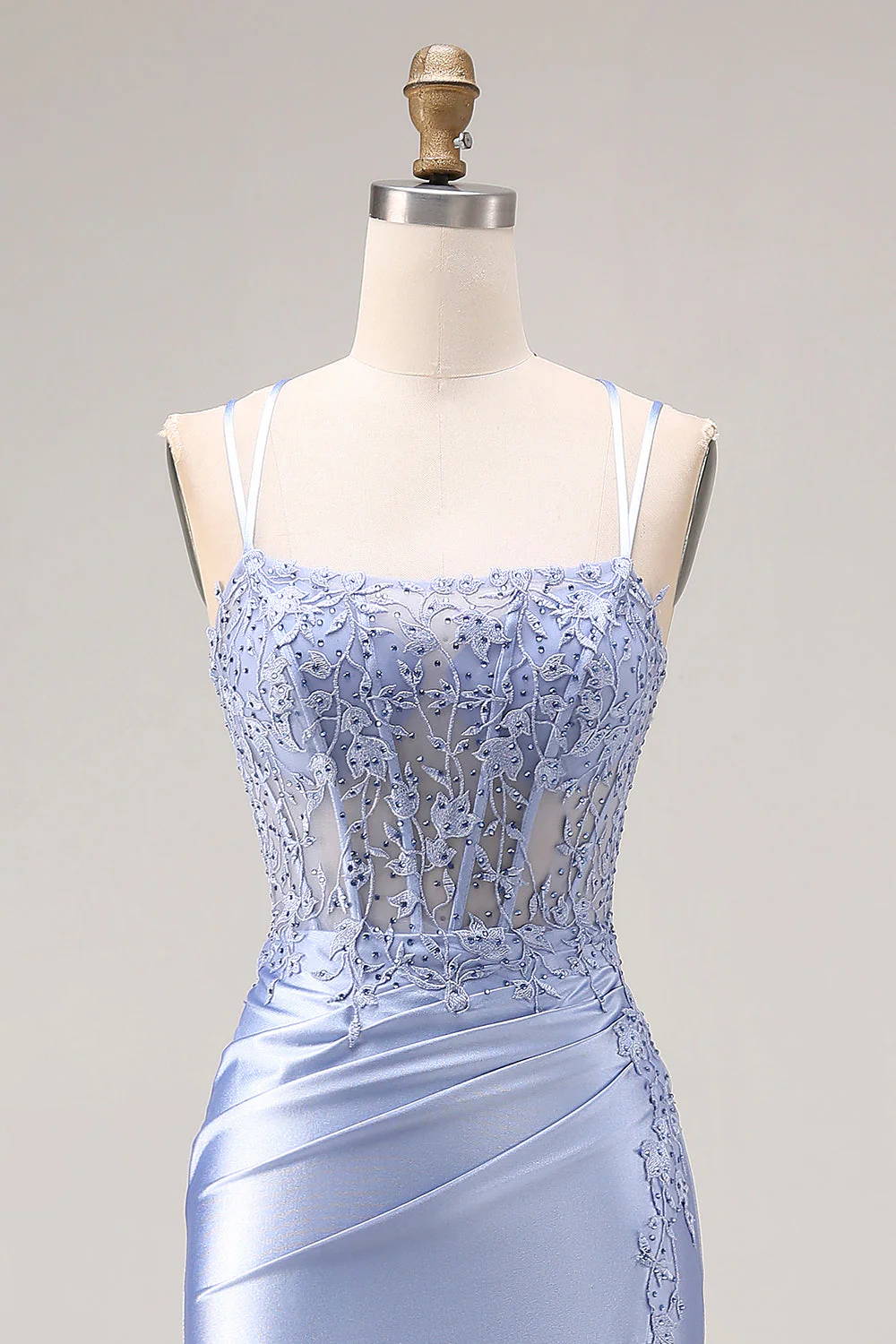 Corset de satin perlé bleu poussiéreux avec longue robe de bal avec fente - Image 4