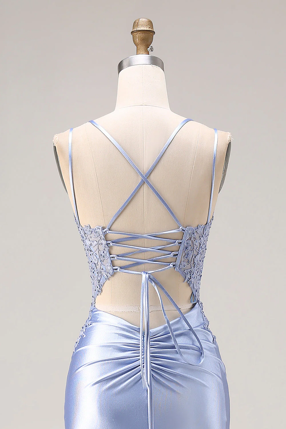 Corset de satin perlé bleu poussiéreux avec longue robe de bal avec fente - Image 5