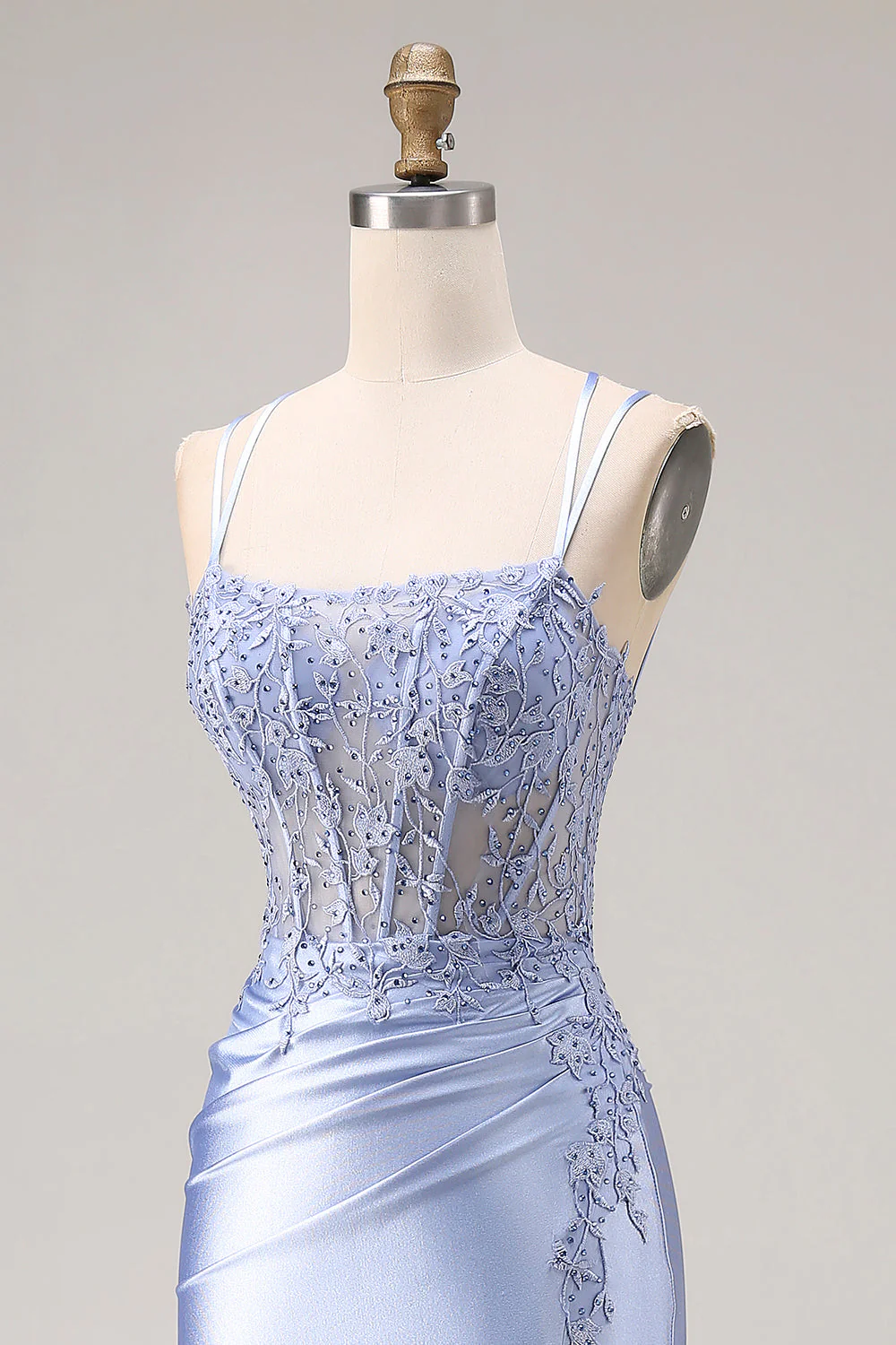 Corset de satin perlé bleu poussiéreux avec longue robe de bal avec fente - Image 6