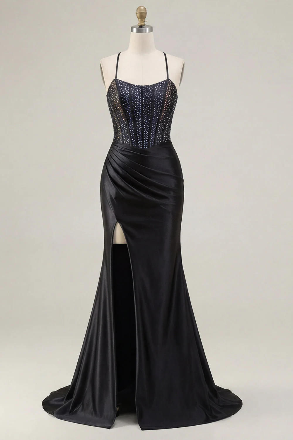 Corset de sirène à perles noires, longue robe de bal à fentes - Image 5