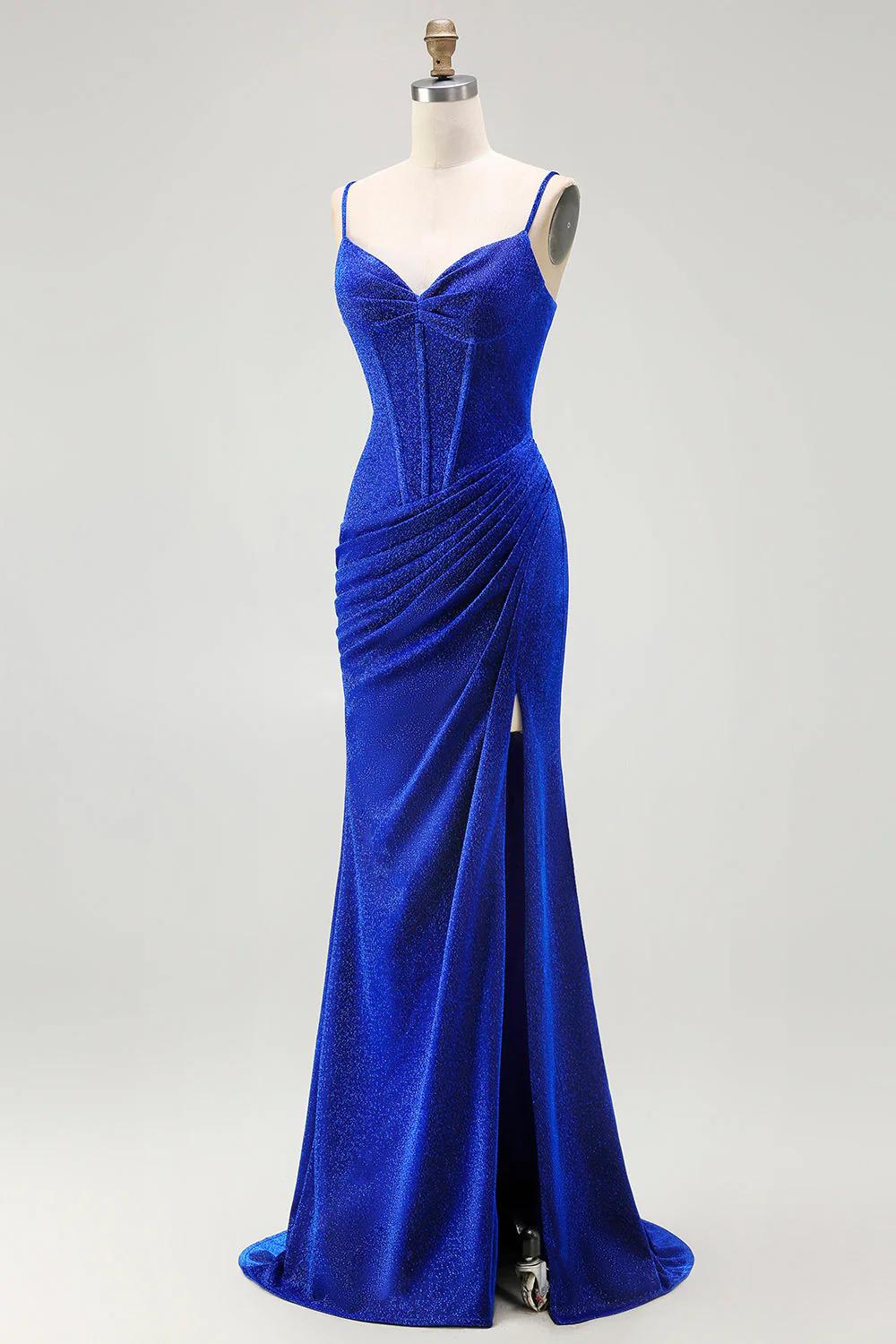 Corset de sirène bleu royal, lacet froncé dans le dos, longue robe de bal avec fente - Image 3