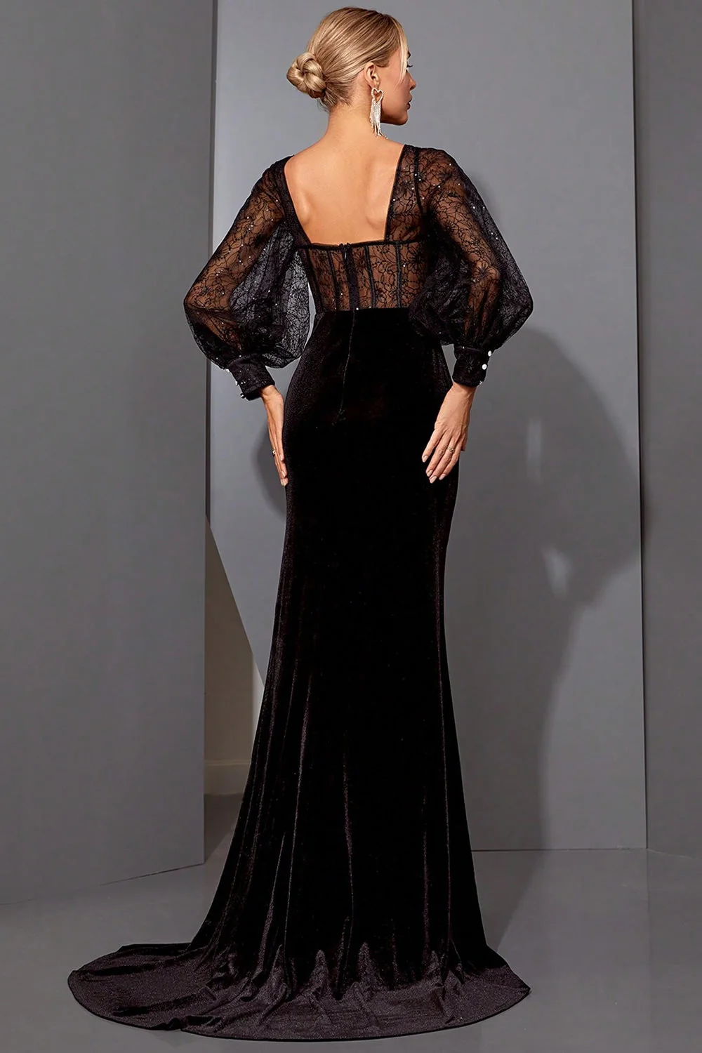 Corset de sirène en dentelle noire longue robe de soirée avec fente - Image 2