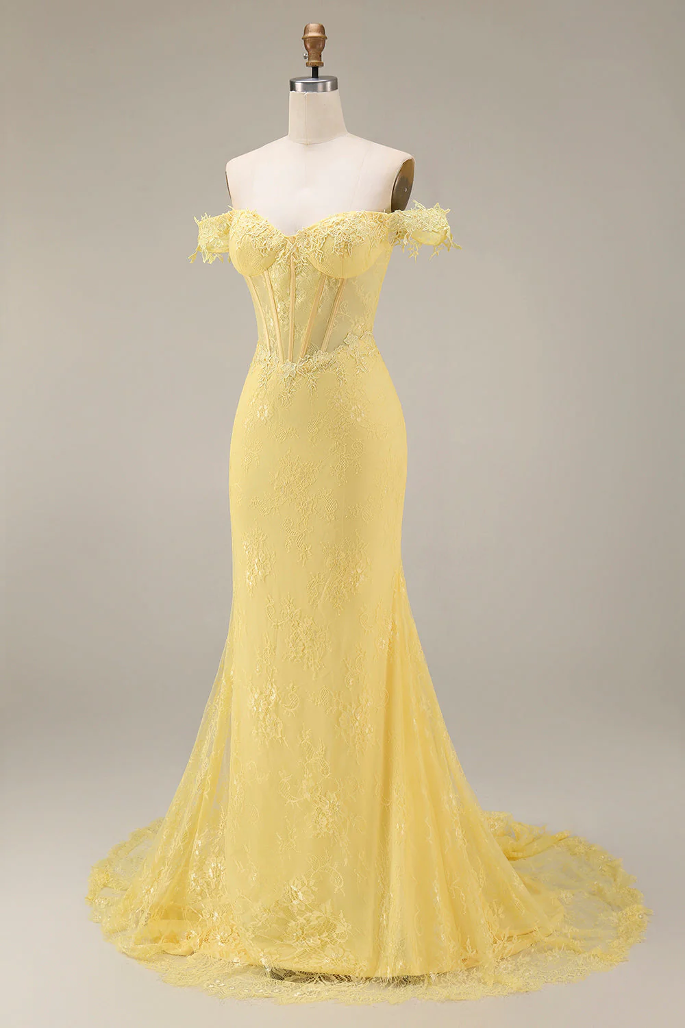 Corset de sirène jaune en dentelle décollée des épaules - Image 5
