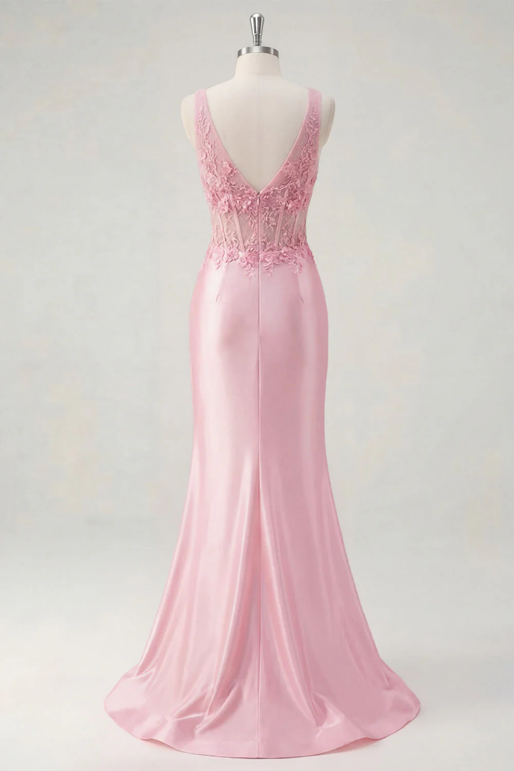 Corset de sirène rose fleuri à col en V et froncé, longue robe de bal avec fente - Image 4