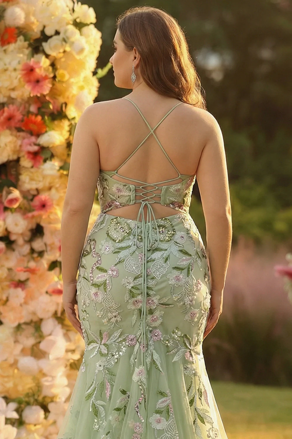 Corset de sirène vert brodé robe longue de bal grande taille avec fente - Image 4