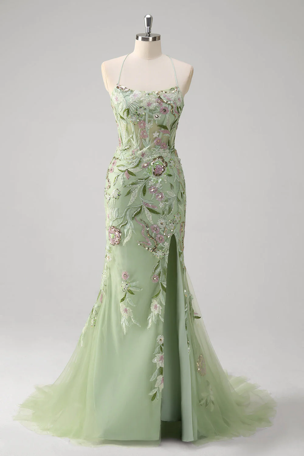 Corset de sirène vert brodé robe longue de bal grande taille avec fente - Image 5