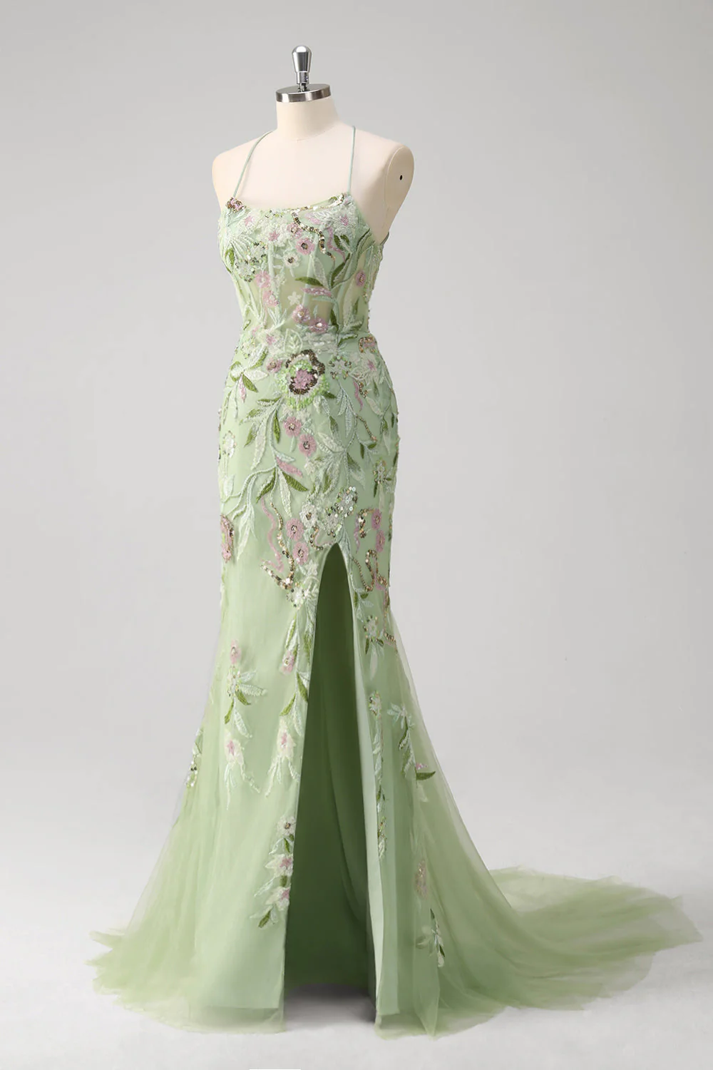 Corset de sirène vert brodé robe longue de bal grande taille avec fente - Image 7