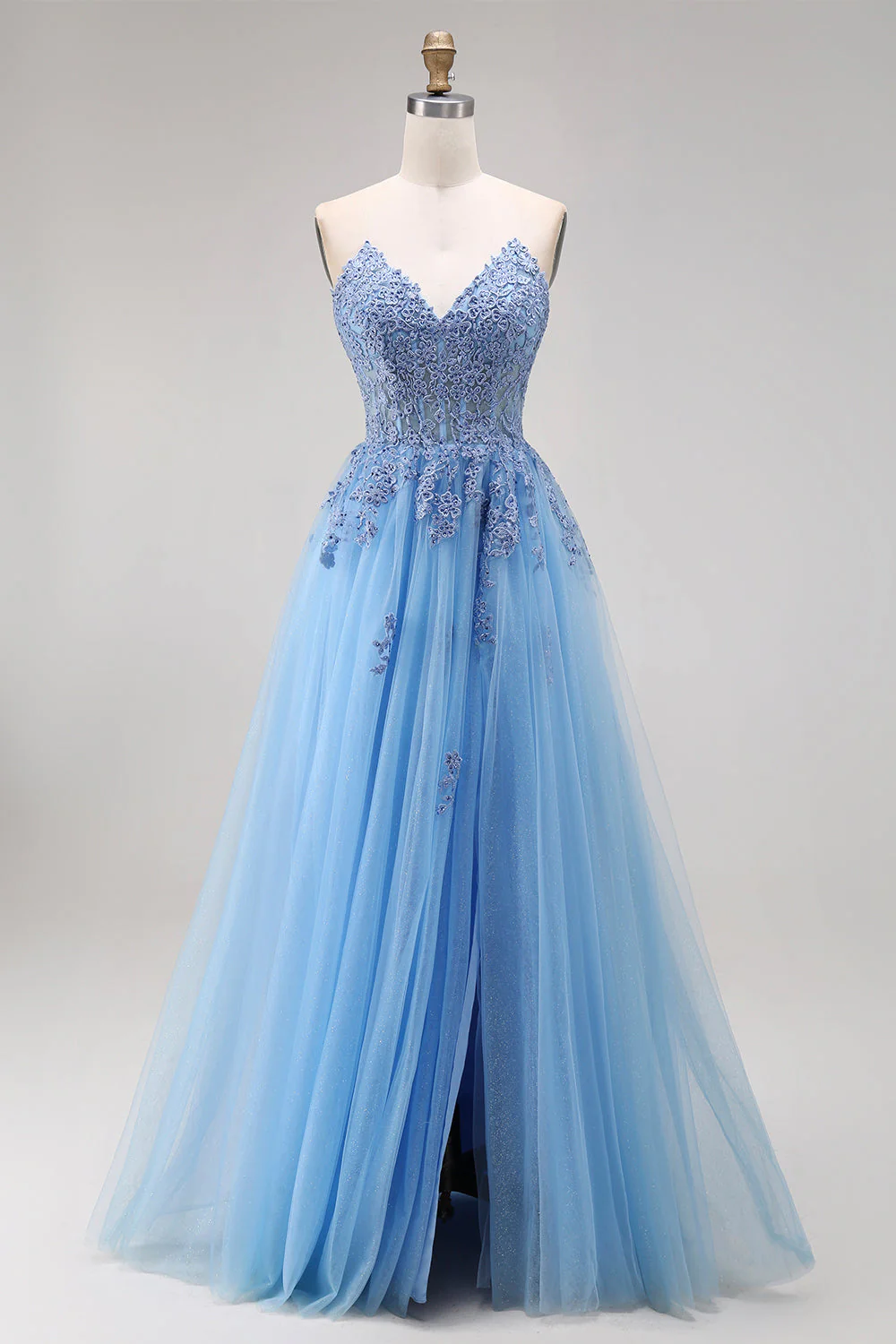 Robe de soirée longue bleue ligne A bustier tulle cœur appliqué avec fente