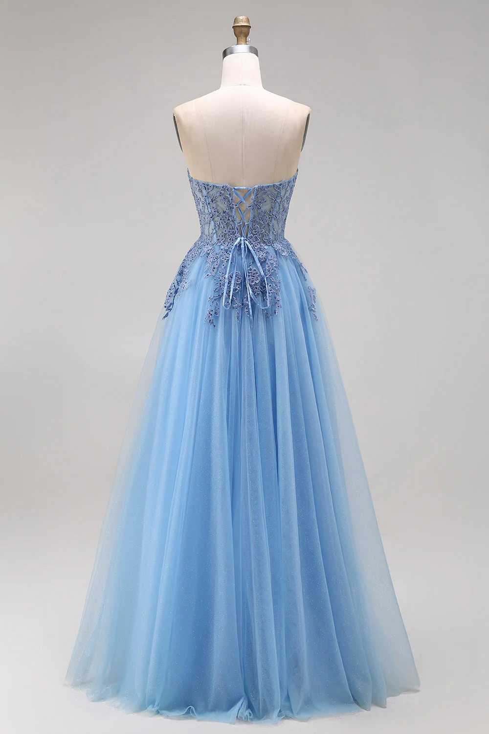 Robe de soirée longue bleue ligne A bustier tulle cœur appliqué avec fente - Image 2