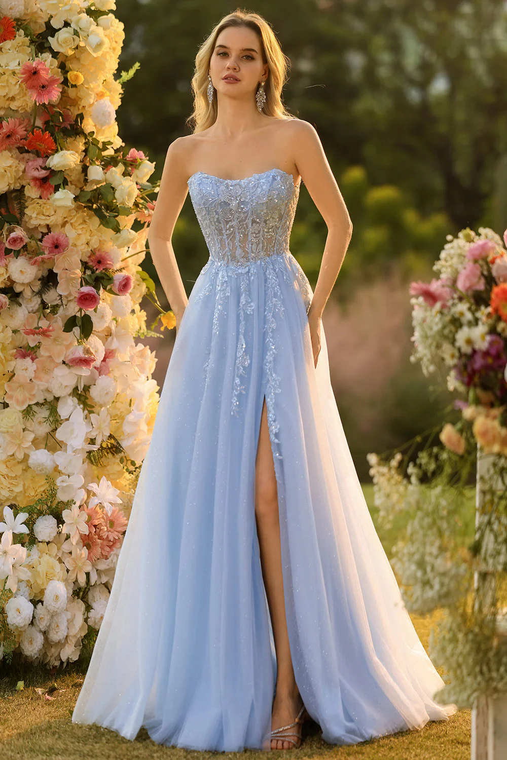 Robe de bal bustier sans bretelles bleu longue ligne A à paillettes avec manches amovibles - Image 3