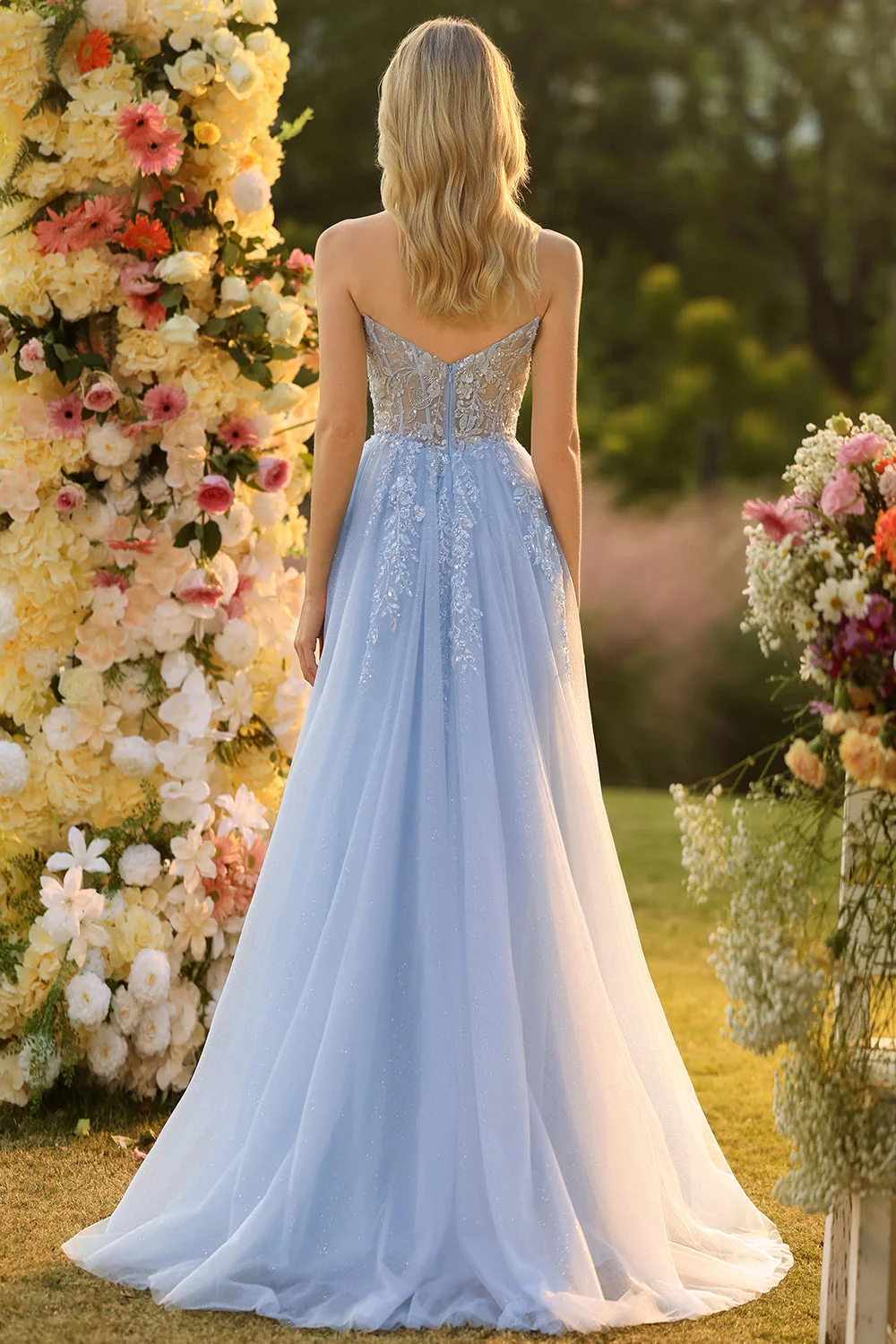 Robe de bal bustier sans bretelles bleu longue ligne A à paillettes avec manches amovibles - Image 4