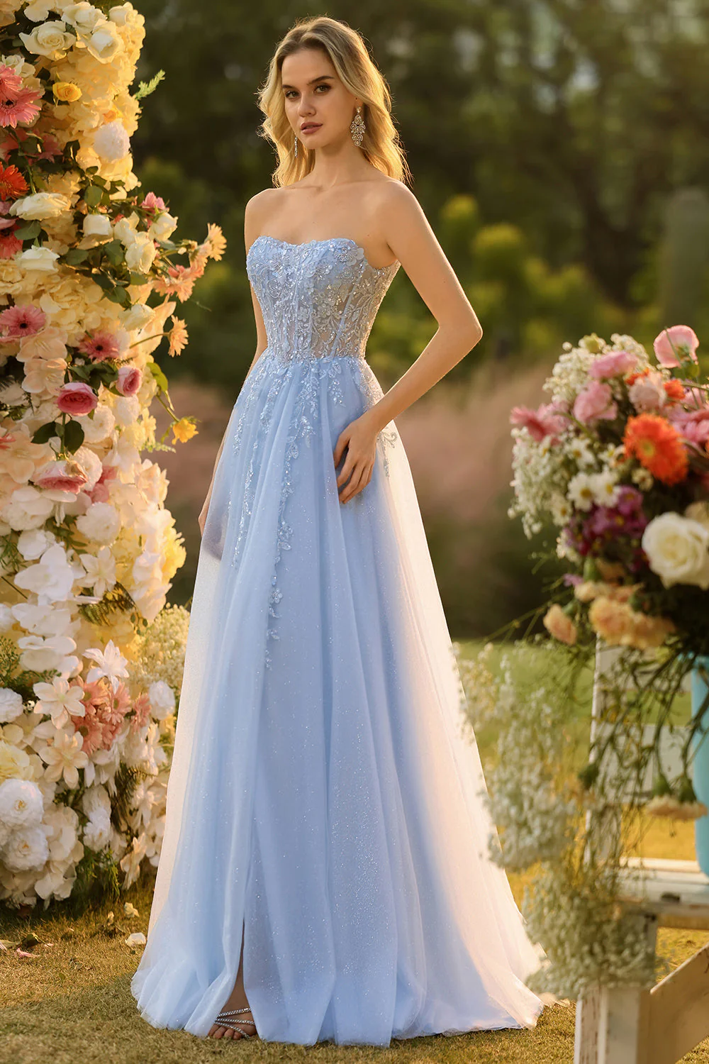 Robe de bal bustier sans bretelles bleu longue ligne A à paillettes avec manches amovibles - Image 7