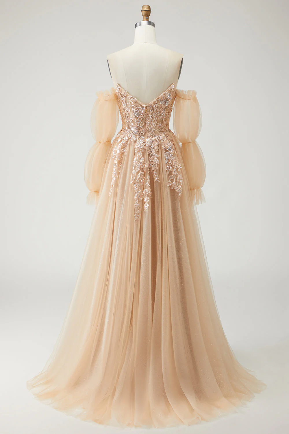 Robe de bal bustier sans bretelles bleu longue ligne A à paillettes avec manches amovibles - Image 9